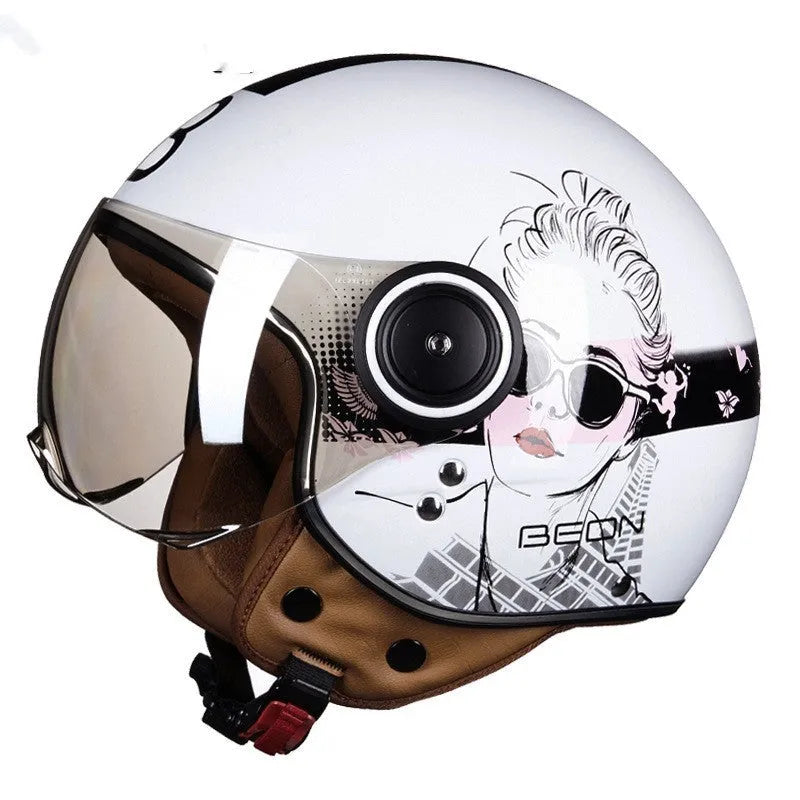 Retro style battery car half helmet in bright two-tone colours with ABS shell