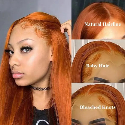 Orange straight synthetic front lace wig with side bangs shown at various lengths