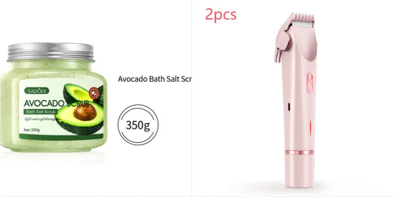 Pink electric shaver with double head, USB cable, and brush for women's body grooming