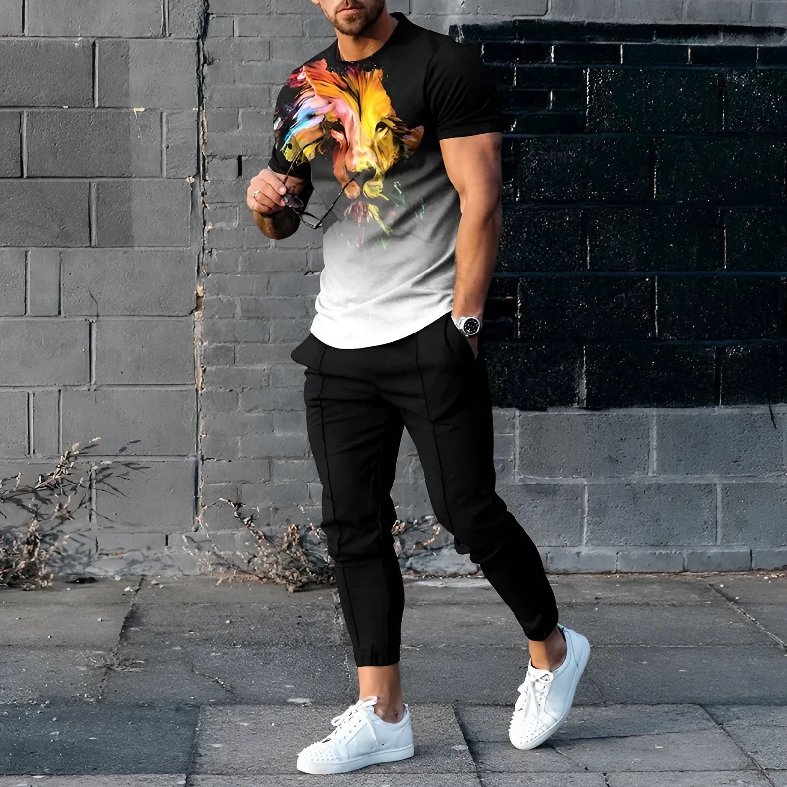 Men's printed short-sleeved pullover and trousers set in polyester blend fabric