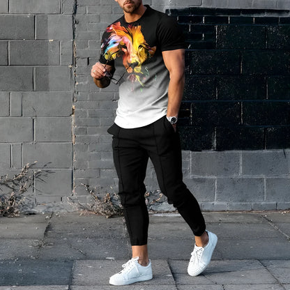 Men's printed short-sleeved pullover and trousers set in polyester blend fabric