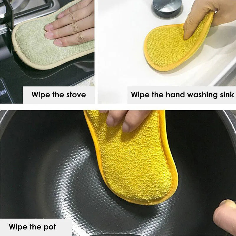 Double-sided kitchen sponge and microfiber cloth set for cleaning pots, pans, and hard surfaces