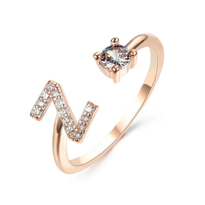 Personalized Initial Letter Crystal Ring with Adjustable Design in Gold, Silver, and Rose Gold Colors