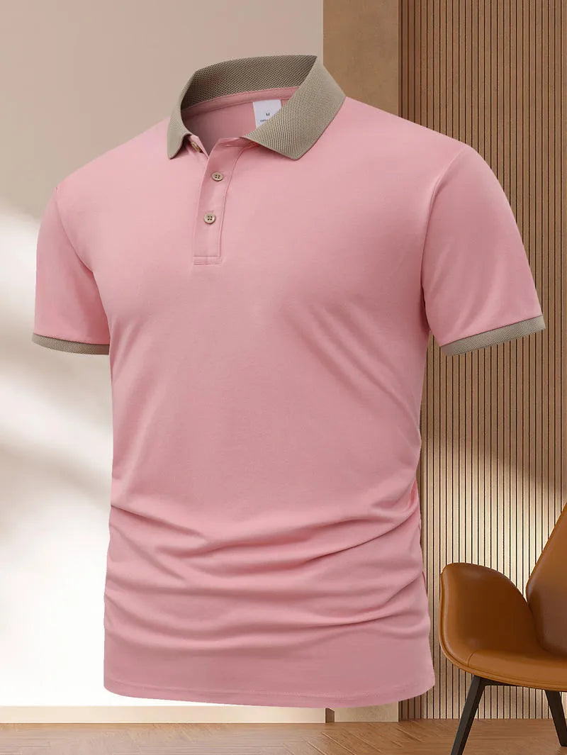 Man's short sleeve Ice Silk polo shirt with a flocking print, shown in multiple colour options.