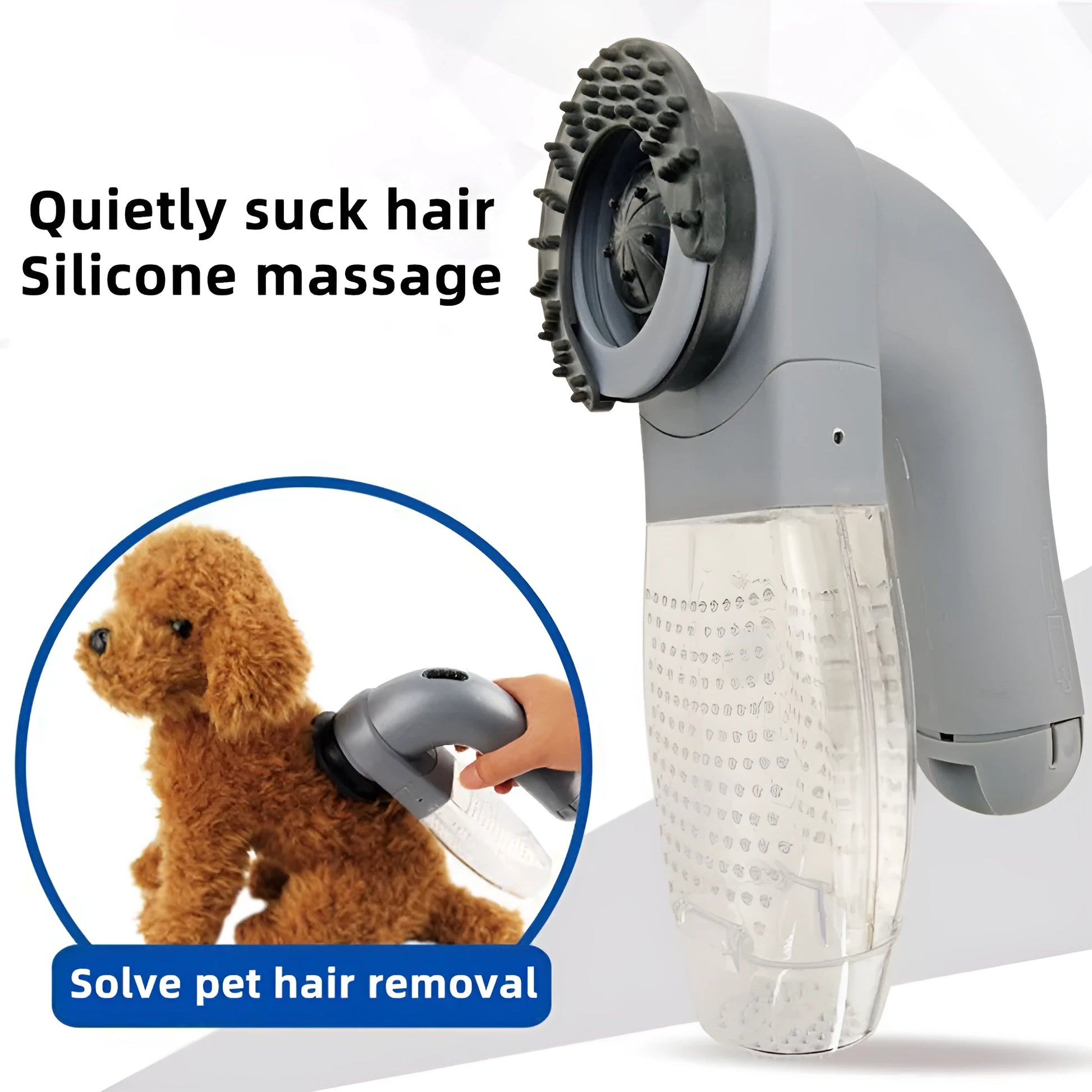 Grey handheld electric pet hair remover brush with soft rubber head for grooming dogs and cats.