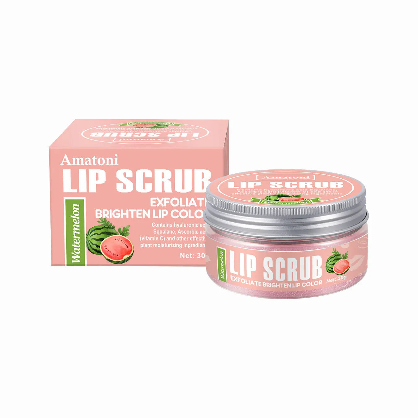 Amatoni 30g pot of fruit flavour lip scrub cream in coconut, raspberry, vanilla, or watermelon