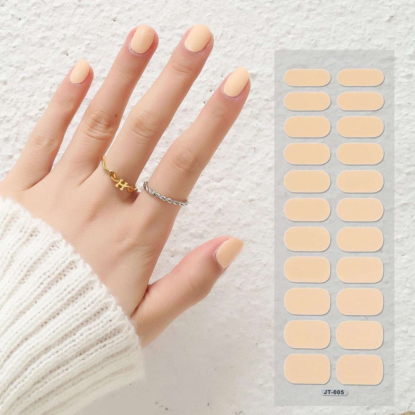 Semi-curing gel nail stickers sheet showing 22 solid colour designs including roses, tulips, and geometric patterns