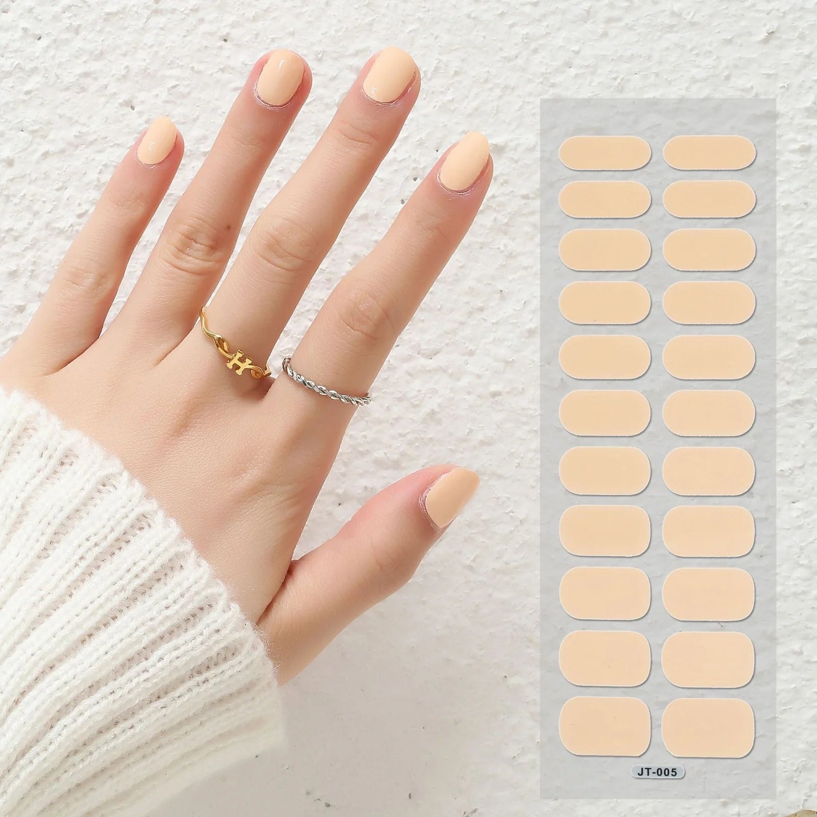 Semi-curing gel nail stickers sheet showing 22 solid colour designs including roses, tulips, and geometric patterns