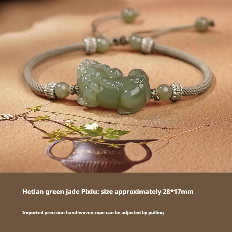 Hetian jade bracelet with black and red adjustable ropes in traditional Chinese design