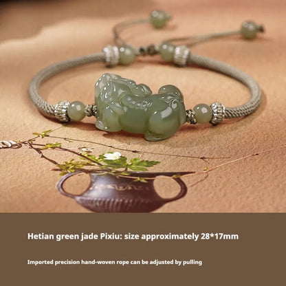 Hetian jade bracelet with black and red adjustable ropes in traditional Chinese design