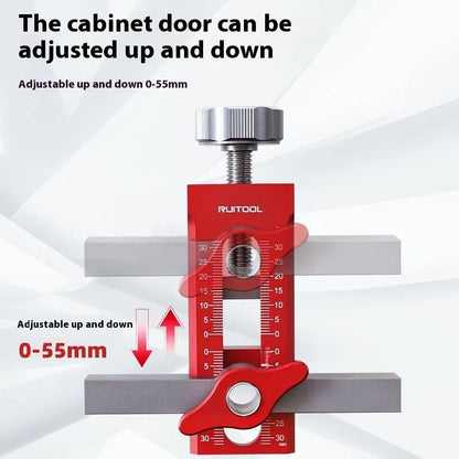 Aluminium alloy cabinet door installation jig for hinge and handle fitting.