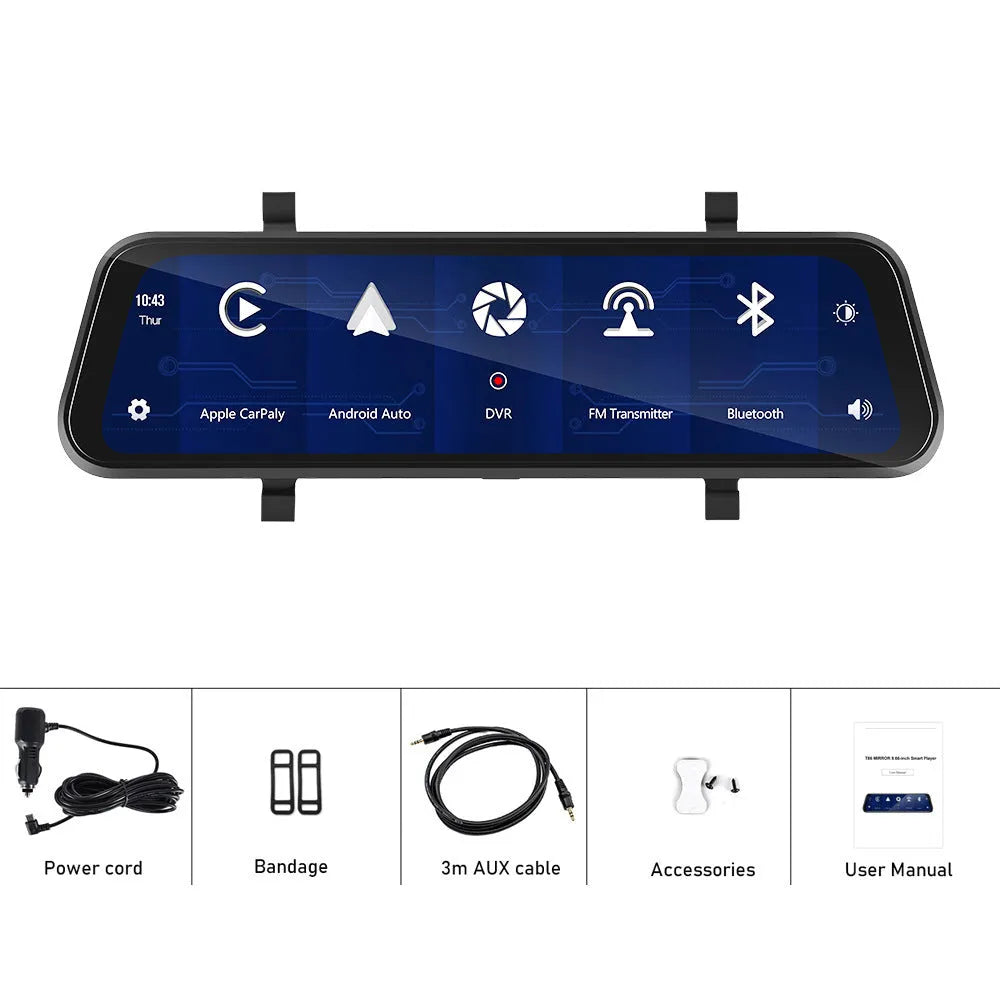 9.66-inch black car DVR mirror display showing smartphone CarPlay interface and rear camera feed.
