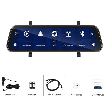 9.66-inch black car DVR mirror display showing smartphone CarPlay interface and rear camera feed.