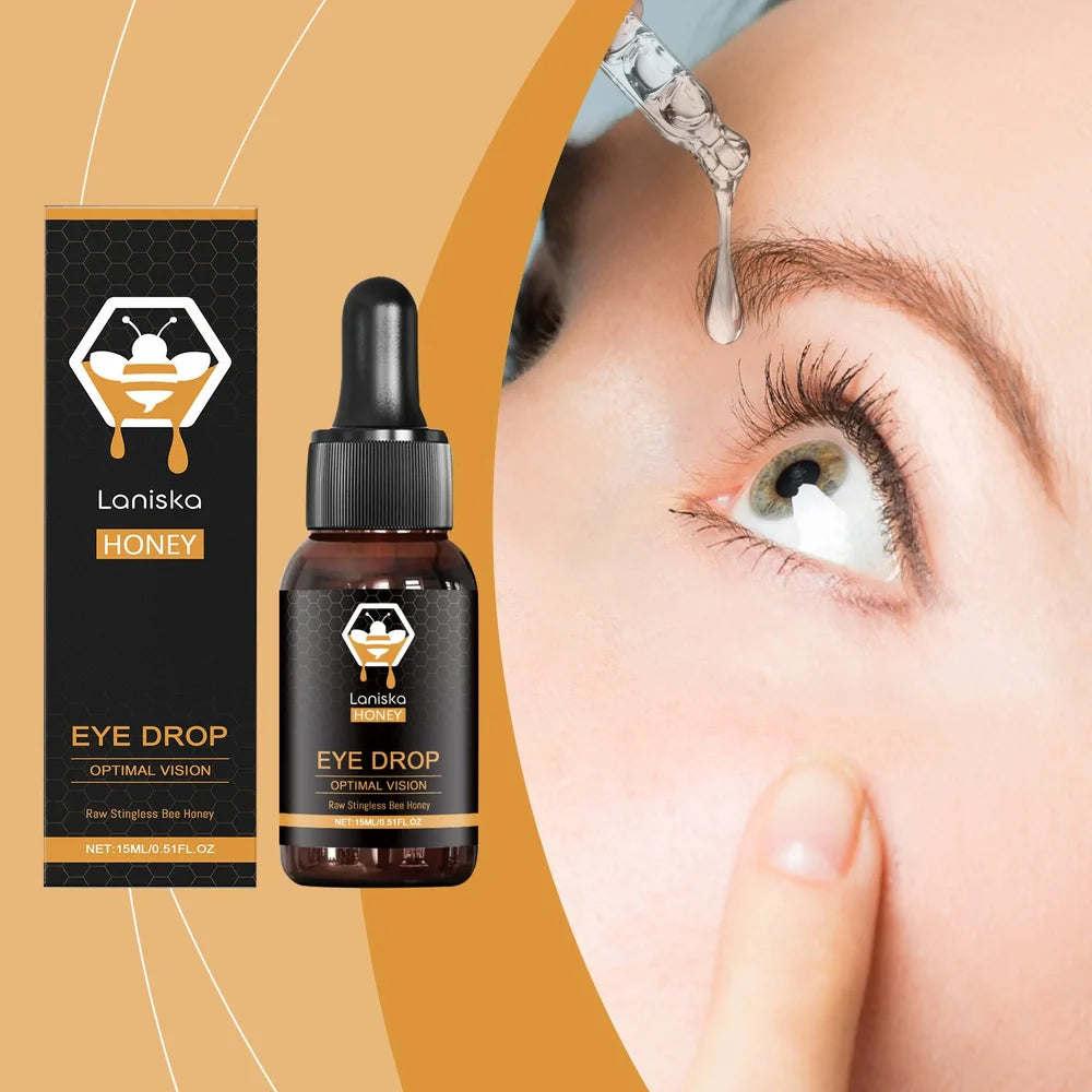 15ml bottle of honey-based eye drops for fatigue relief with precision applicator tip