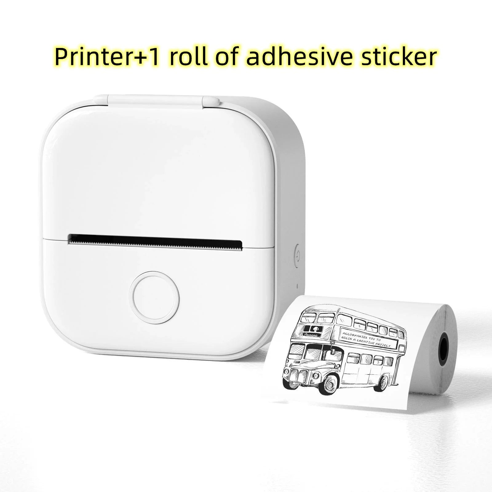 Compact Bluetooth-enabled thermal label printer in white, pink, and green colors with various label options