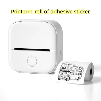 Compact Bluetooth-enabled thermal label printer in white, pink, and green colors with various label options