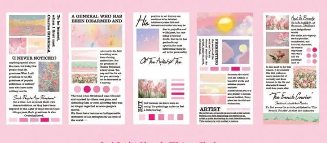 Pack of 20 rectangular paper stickers featuring famous landscape painting artworks.