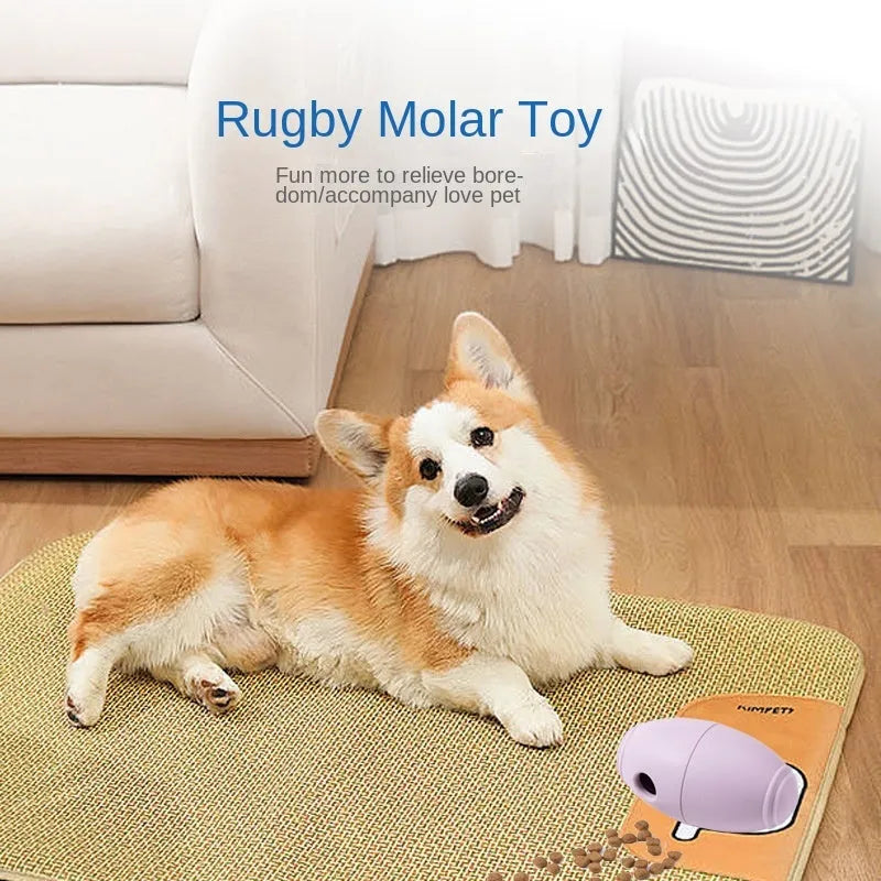 Blue silicone rugby ball dog toy with ridges and hollow centre for treats