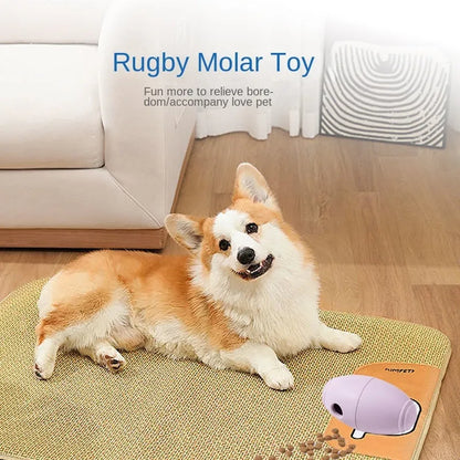 Blue silicone rugby ball dog toy with ridges and hollow centre for treats