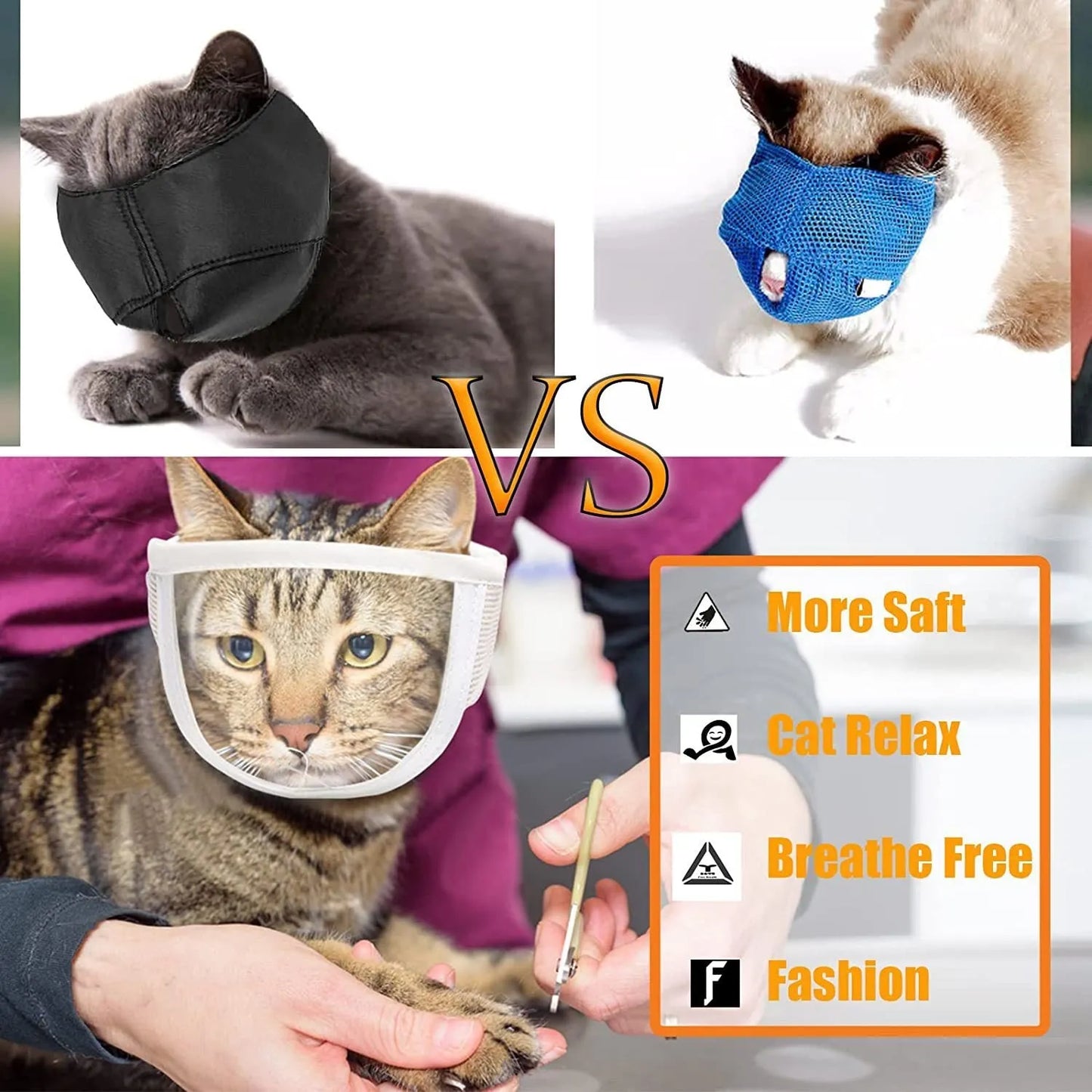 Clear transparent PVC and cotton cat muzzle with a centre breathing hole, shown in small and medium sizes.