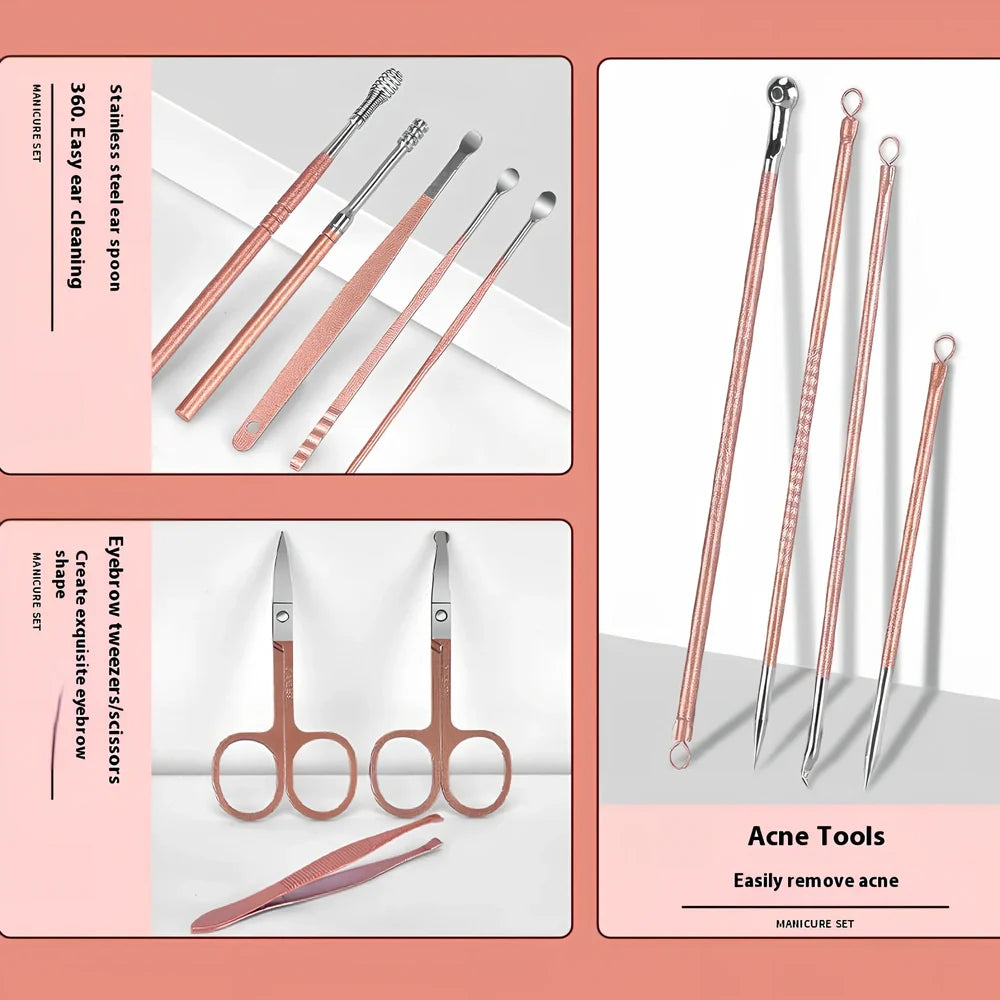 30-piece stainless steel nail beauty tool set showing five colour options with 260g weight