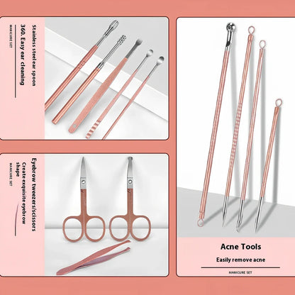 30-piece stainless steel nail beauty tool set showing five colour options with 260g weight