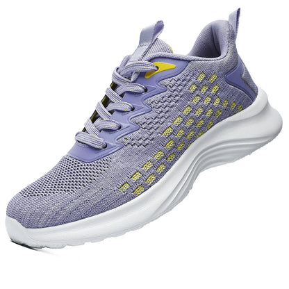 Lavender purple women's Flyknit running shoes with mesh upper and round toe.