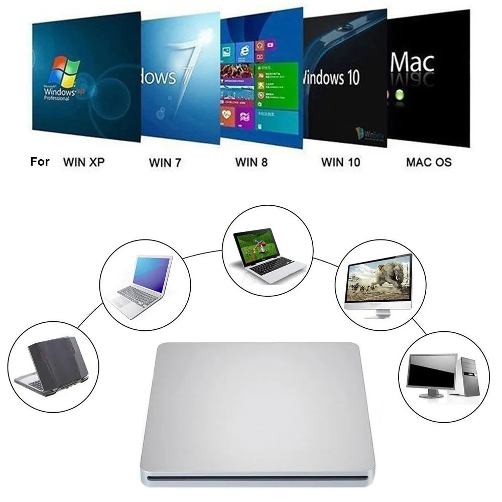 Ultra-thin silver Type-C external CD DVD burner with suction drive, 138 x 142 x 16 mm, for 12cm and 8cm discs