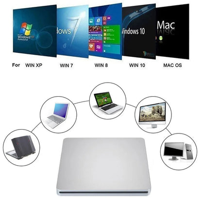 Ultra-thin silver Type-C external CD DVD burner with suction drive, 138 x 142 x 16 mm, for 12cm and 8cm discs
