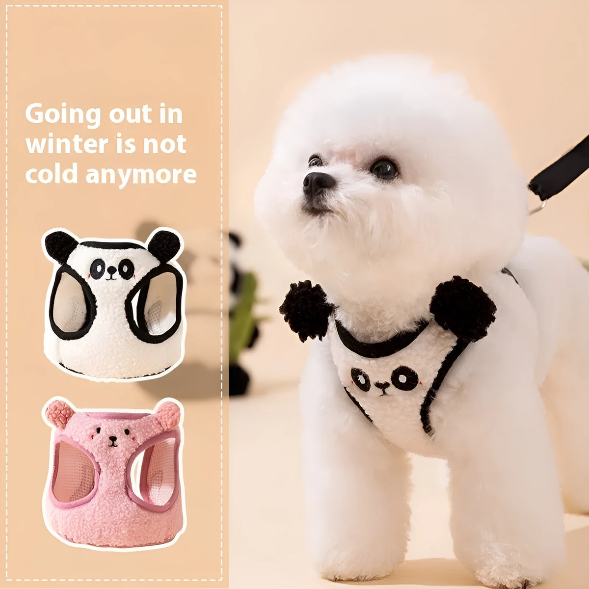 Lambswool animal-shaped dog lead and chest harness set with hand-holding rope in panda and bear designs