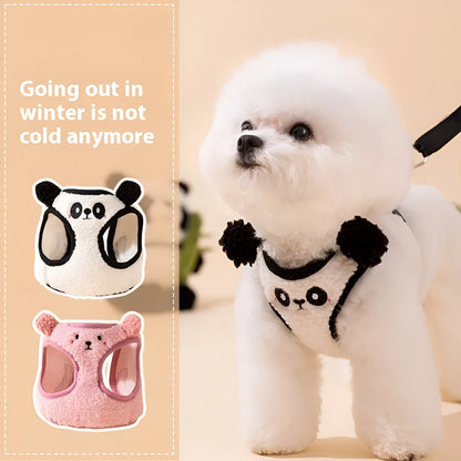 Lambswool animal-shaped dog lead and chest harness set with hand-holding rope in panda and bear designs
