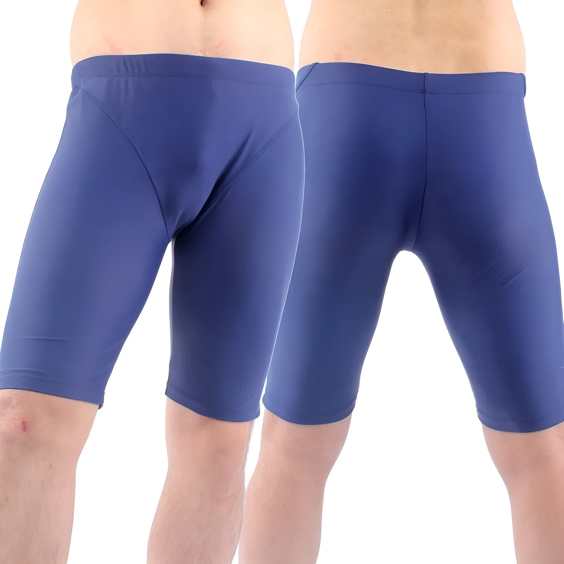 Men's green and navy blue quick-dry swimming trunks with loose fit and anti-embarrassment design