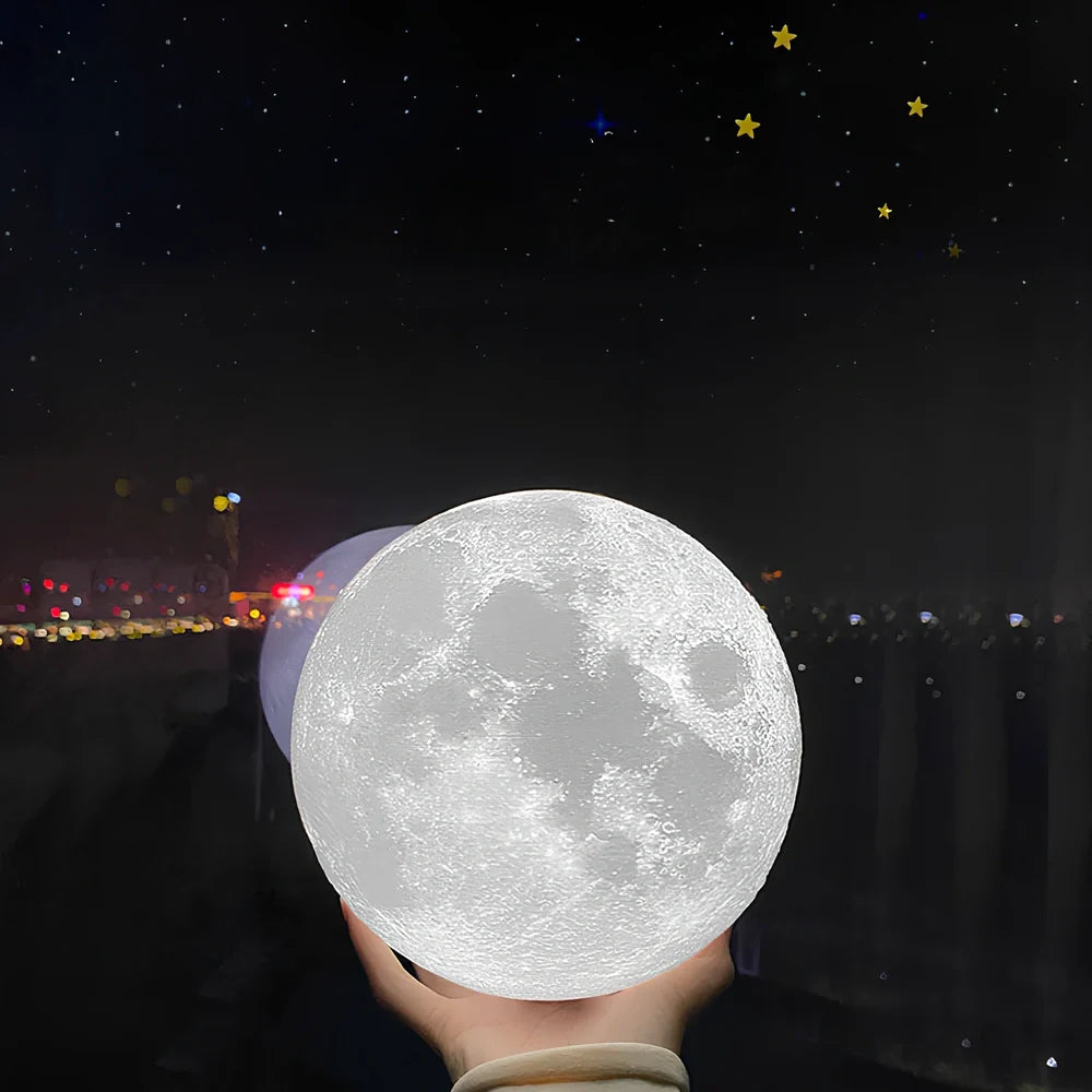 3D printed moon night table lamp on wooden holder, remote showing 16-colour options, 15cm size for bedside use
