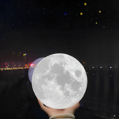 3D printed moon night table lamp on wooden holder, remote showing 16-colour options, 15cm size for bedside use