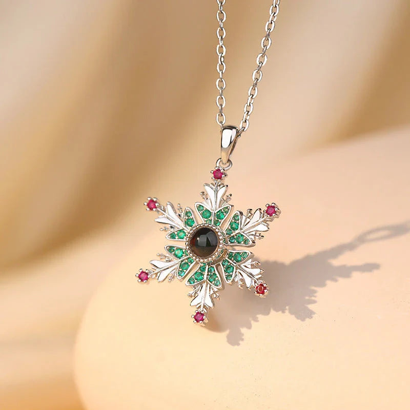 Shimmering copper snowflake necklace with projection design, creating a mesmerizing holiday accessory
