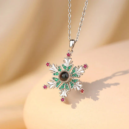 Shimmering copper snowflake necklace with projection design, creating a mesmerizing holiday accessory
