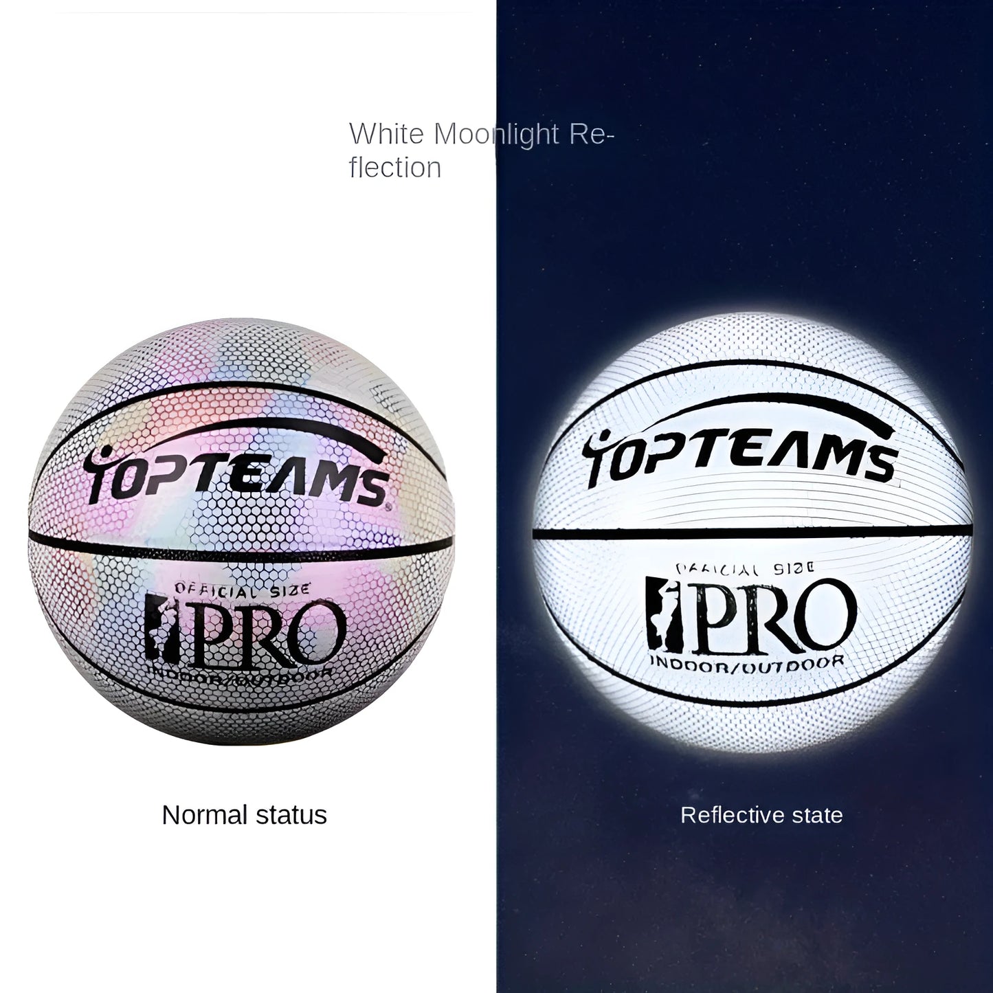 Holographic luminous reflective fluorescent basketball No. 7 size with wear-resistant PU leather