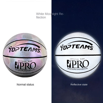 Holographic luminous reflective fluorescent basketball No. 7 size with wear-resistant PU leather