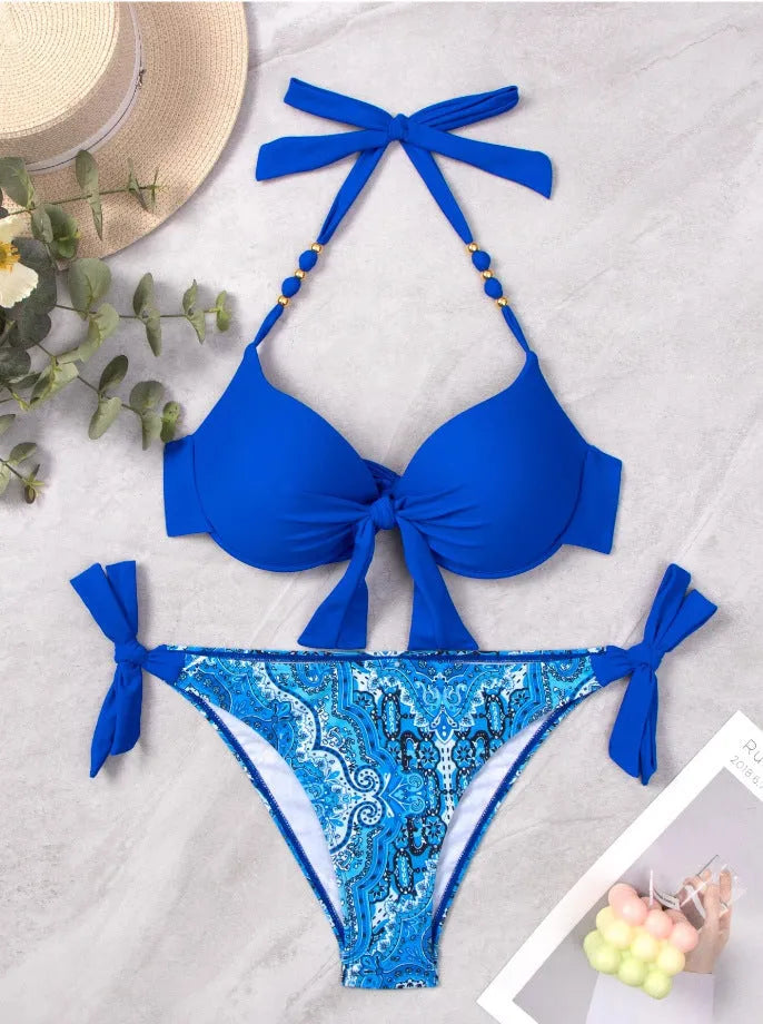 Ladies polyester bikini swimsuit set available in multiple colours including blue, red, and fluorescent green