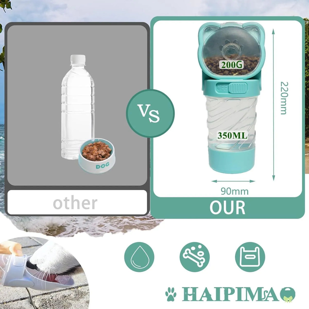 Green 3-in-1 pet water bottle with strap, showing water dispenser, food container, and waste bag dispenser for outdoor use