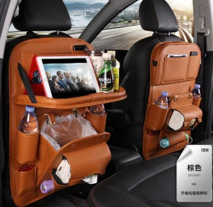 Multifunctional car organizer bag made of premium PU leather with various compartments and a built-in trash can feature
