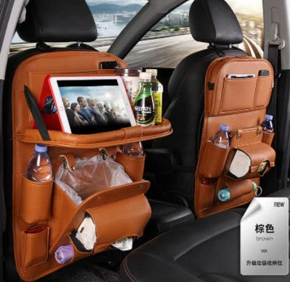 Multifunctional car organizer bag made of premium PU leather with various compartments and a built-in trash can feature