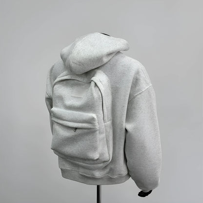 Men's light grey hooded sweatshirt jacket featuring a distinctive schoolbag design on the back.