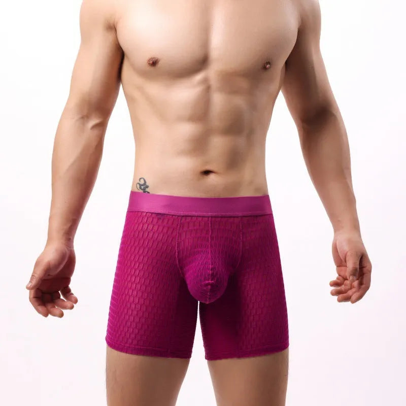 Men's lace mesh boxers in a solid colour on a low-rise waistband.