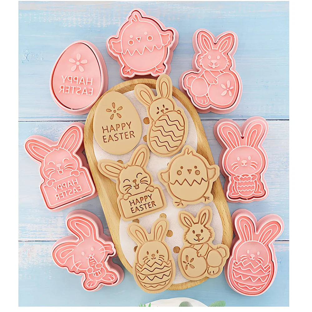 8-piece plastic cartoon bunny and Easter egg biscuit molds, irregular shapes 6-10cm wide for easy dough pressing