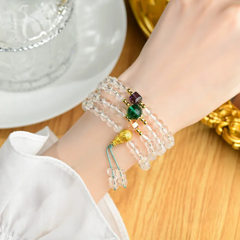 White crystal 108 rosary bracelet necklace featuring geometric ethnic style unisex design with 108 crystal beads for spiritual meditation prayer accessory
