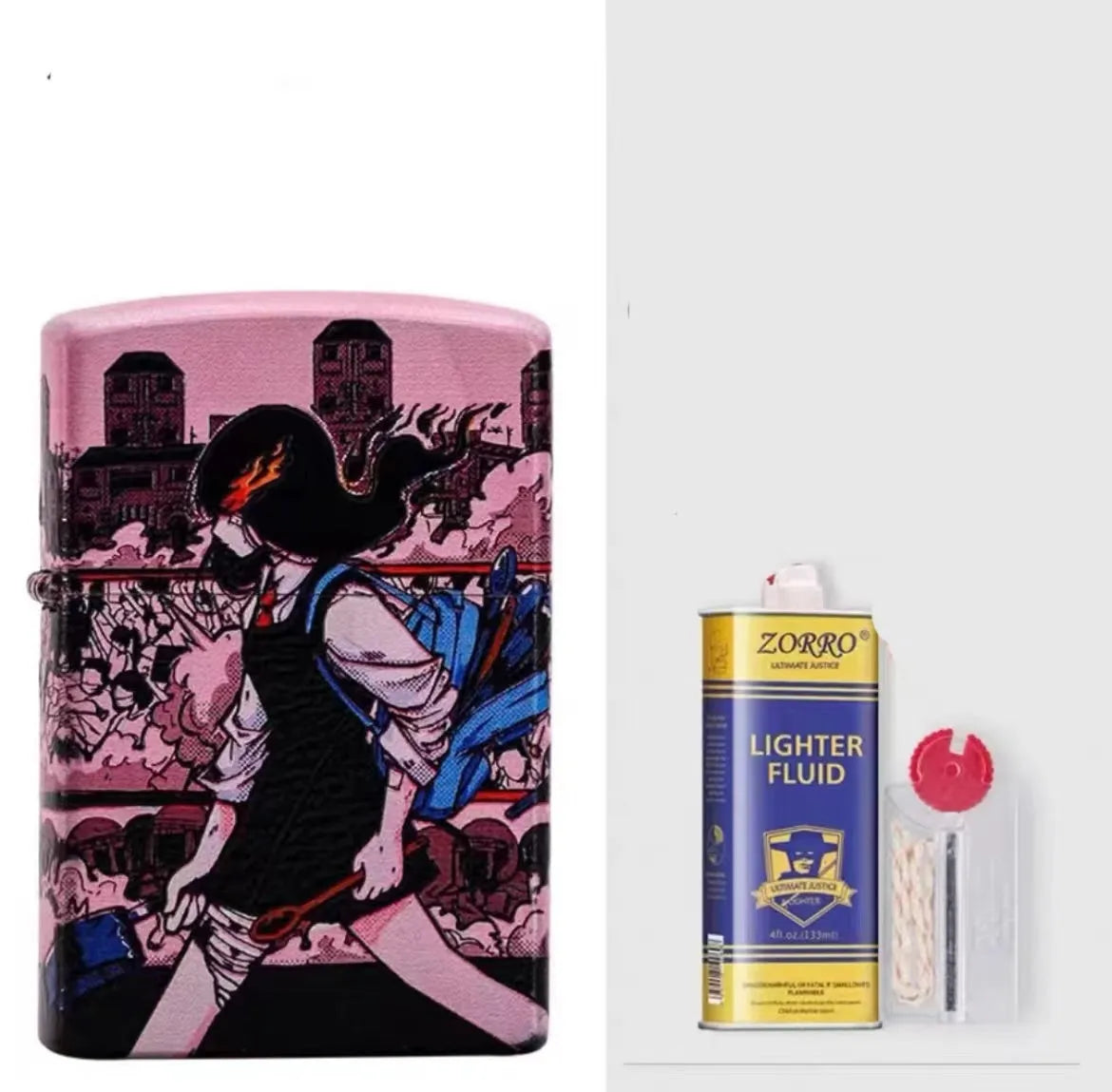 Windproof kerosene lighter with grinding wheel, pure copper case, shown with artistic design options.