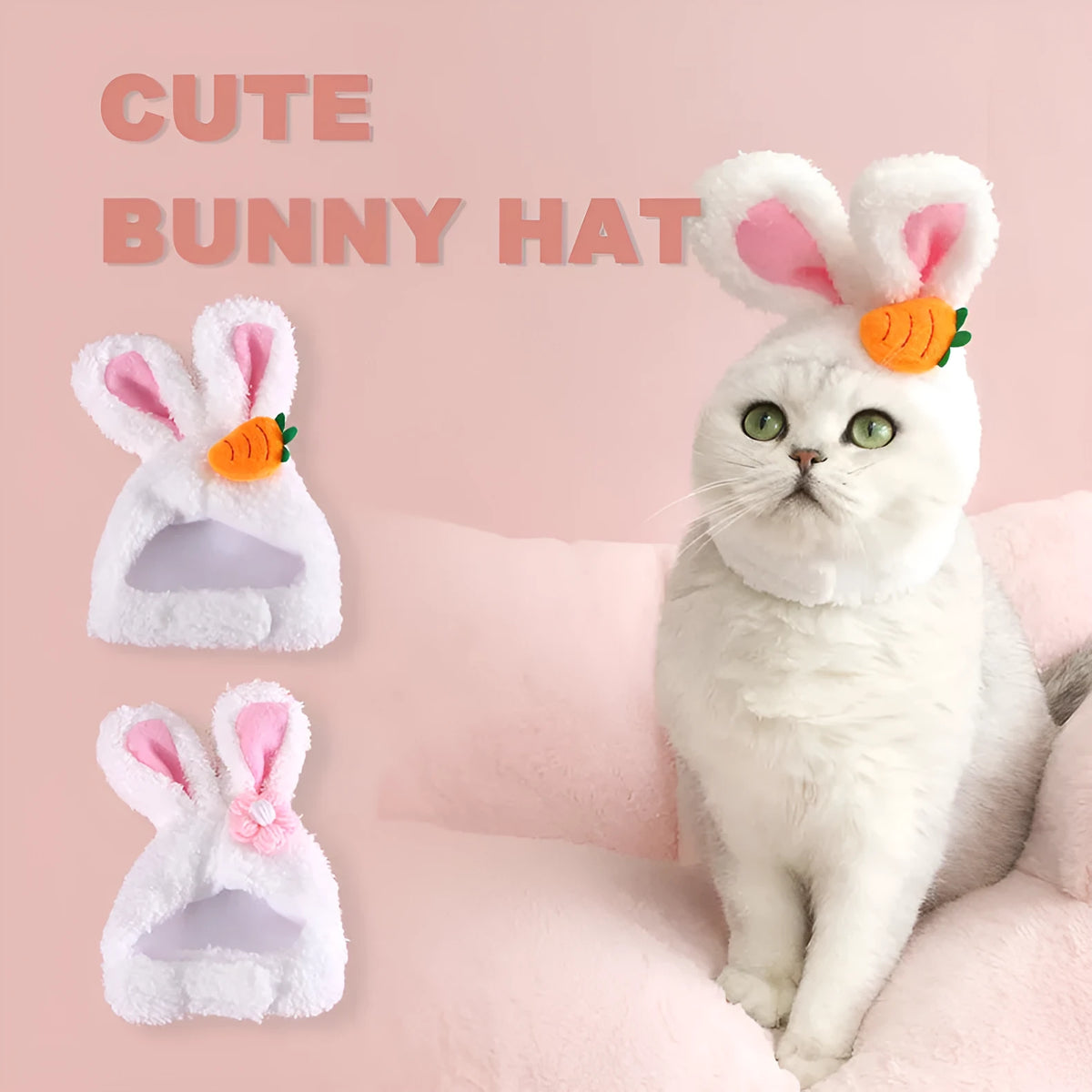 Plush cartoon rabbit ear pet hat in soft Polar Fleece, available in Carrot or Flower design, fits 28-35cm heads.