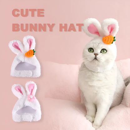 Plush cartoon rabbit ear pet hat in soft Polar Fleece, available in Carrot or Flower design, fits 28-35cm heads.