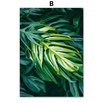 Frameless green plant canvas painting showing botanical pattern on chemical fibre canvas material